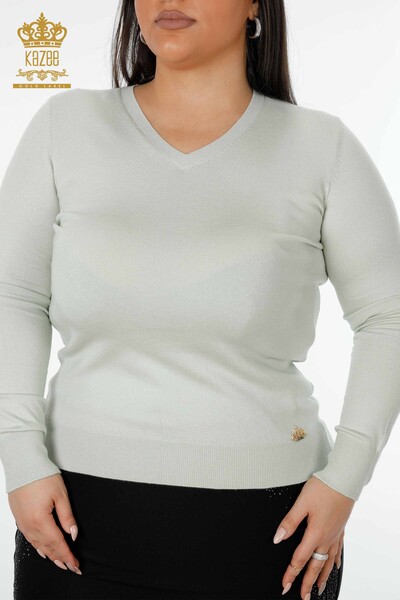 Женский трикотаж оптом, свитер с логотипом и V-образным вырезом, мятный - 15685 | КАZEE - Thumbnail