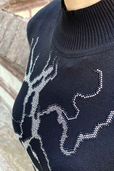 женский оптовый трикотаж свитер с воротником-стойкой вышитый камнем - 16458 | Каzee - Thumbnail