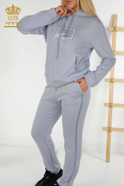 Женский спортивный костюм оптом - С карманами С каменной вышивкой - Синий - 17593 | КАZEE - Thumbnail