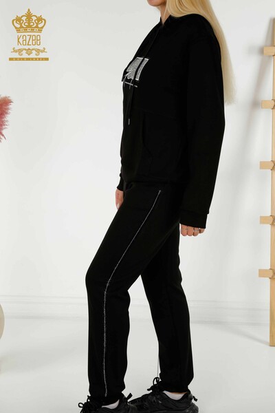 Женский спортивный костюм оптом - С карманами С каменной вышивкой - Черный - 17593 | КАZEE - Thumbnail