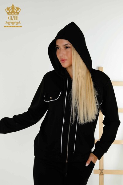 Женский спортивный костюм оптом - С двумя карманами - Черный экрю - 17595 | КАZEE - Thumbnail