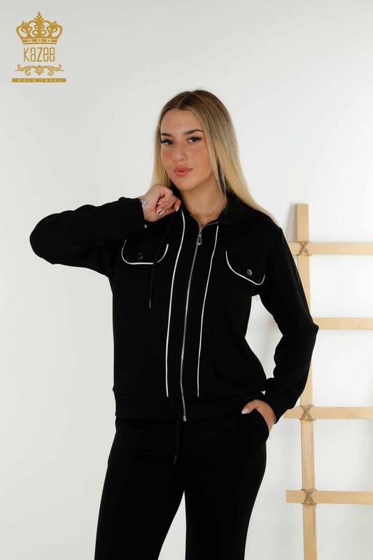 Женский спортивный костюм оптом - С двумя карманами - Черный экрю - 17595 | КАZEE