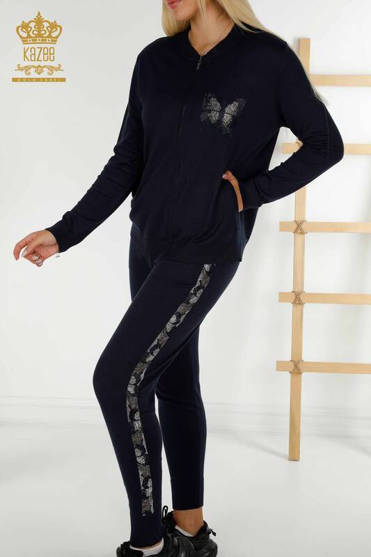 Женский спортивный костюм оптом - с узором бабочка - темно-синий - 16678 | КАZEE