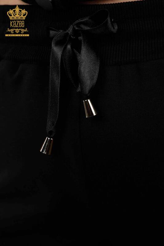 Комплект женского спортивного костюма оптом - с деталями на пуговицах - черный экрю - 20386 | КАZEE