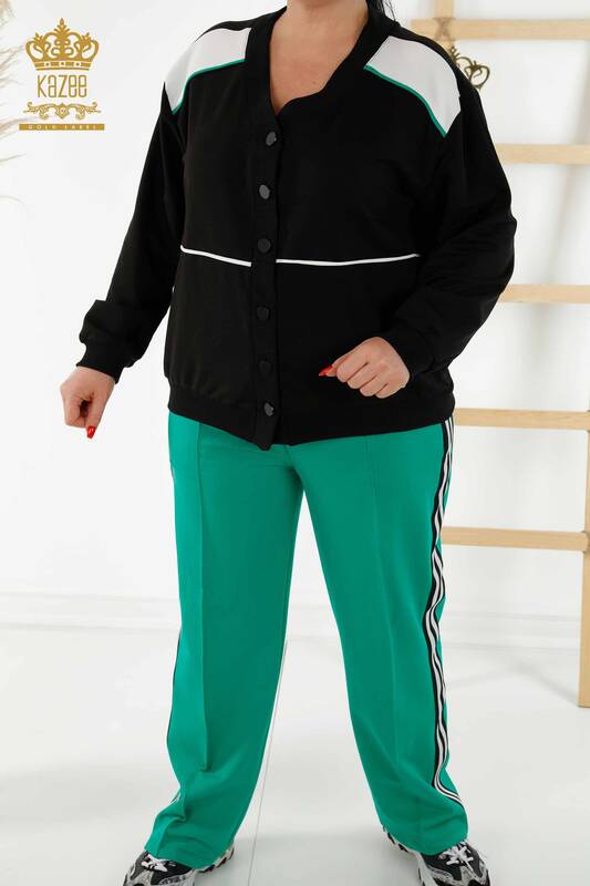Женский спортивный костюм оптом - подробно на пуговицах - черный зеленый - 20386 | КАZEE