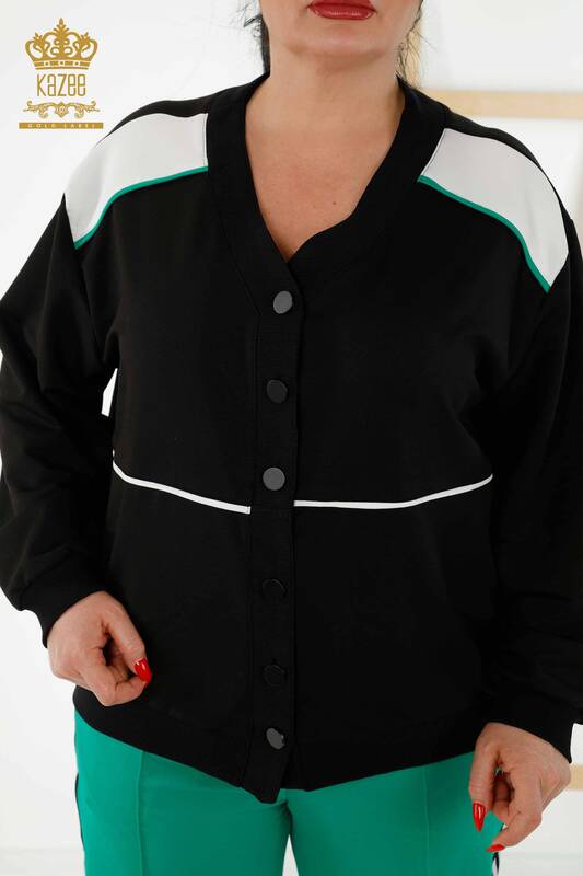 Женский спортивный костюм оптом - подробно на пуговицах - черный зеленый - 20386 | КАZEE