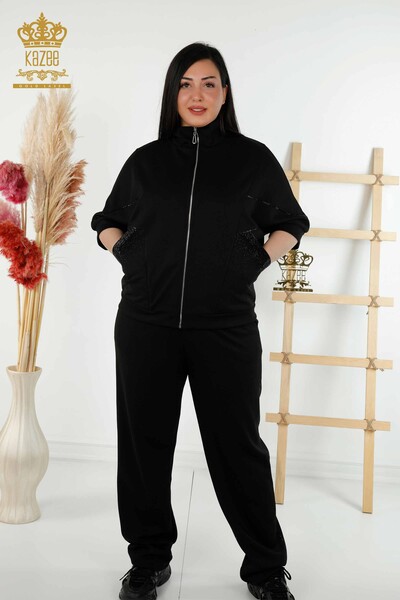 женский спортивный костюм оптом - с коротким рукавом - молния черный - 17547 | КАZEE - Thumbnail