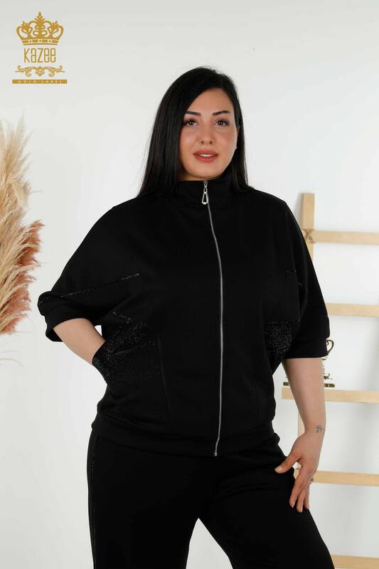 женский спортивный костюм оптом - с коротким рукавом - молния черный - 17547 | КАZEE