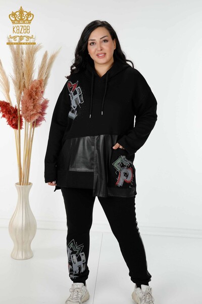 женский спортивный костюм оптом кожаная толстовка с капюшоном черный - 17293 | КАZEE - Thumbnail
