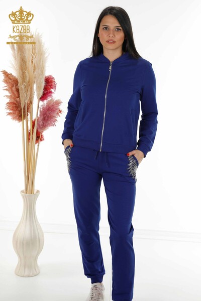 женский спортивный костюм оптом вышитый хрустальным камнем темно-синий - 17493 | КАZEE - Thumbnail