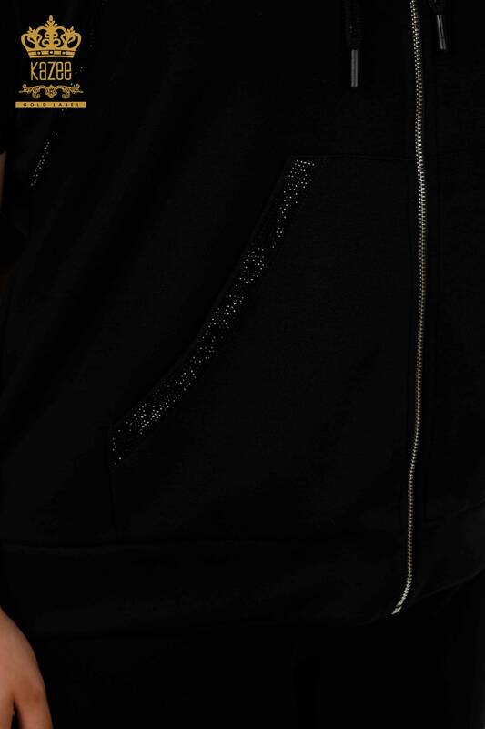 Женский спортивный костюм оптом - на молнии - с коротким рукавом - черный - 20389 | КАZEE