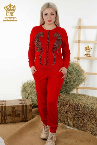 Женский спортивный костюм оптом - леопардовый узор - красный - 16521 | КАZEE - Thumbnail