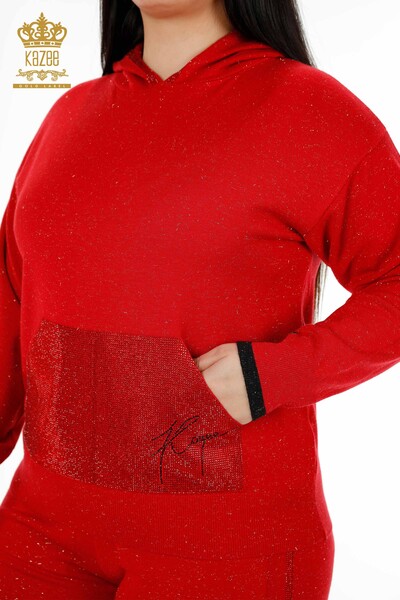 женский спортивный костюм оптом с капюшоном с вышивкой из красного камня - 16501 | КАZEE - Thumbnail