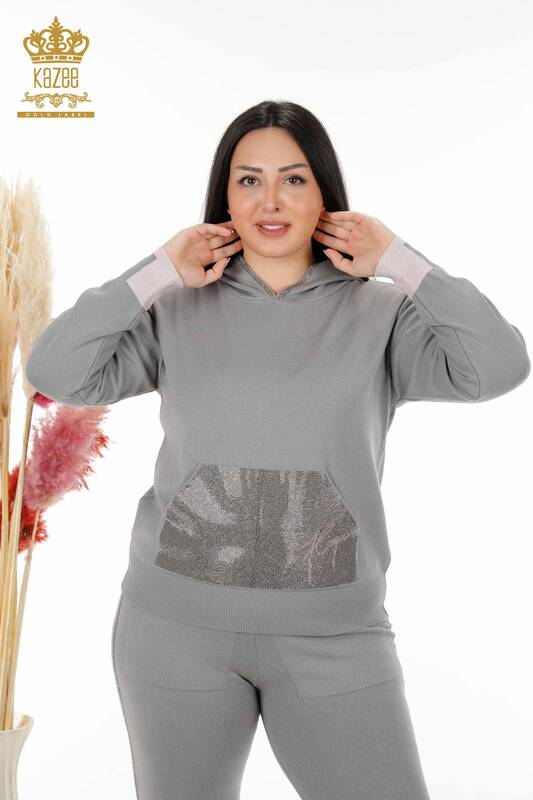 женский спортивный костюм оптом с капюшоном с вышивкой из серого камня - 16501 | КАZEE