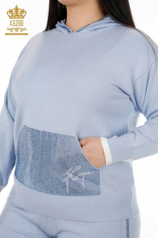 женский спортивный костюм оптом с капюшоном вышитый камнем синий - 16501 | КАZEE