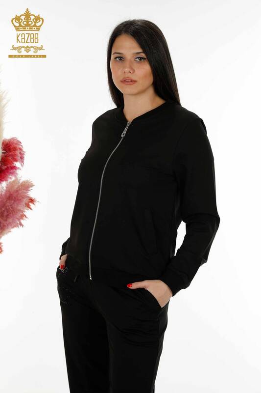 Женский спортивный костюм оптом на молнии с узором черного цвета - 17491 | КАZEE