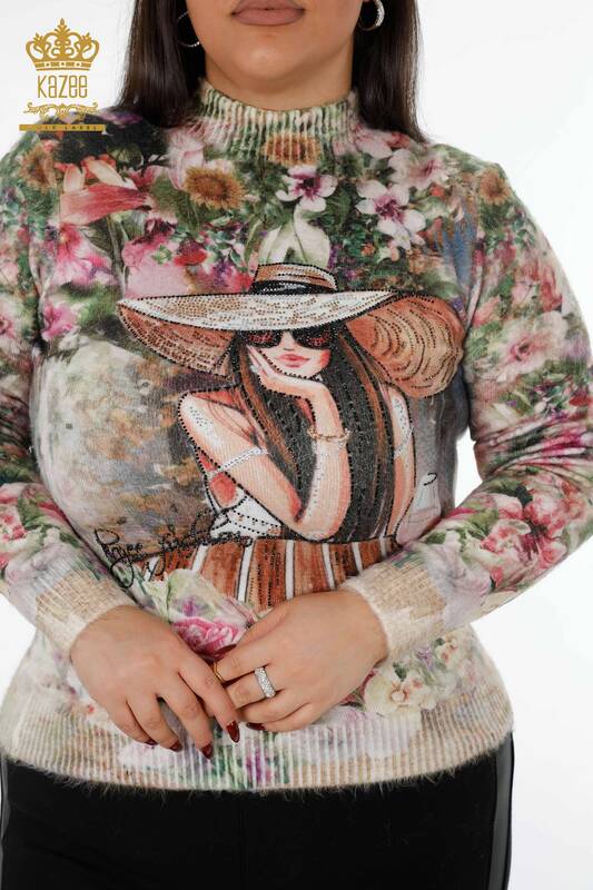 Женский свитер ангора оптом стойка воротник с цифровым принтом девушка в шляпе - 18948 | КAZEE