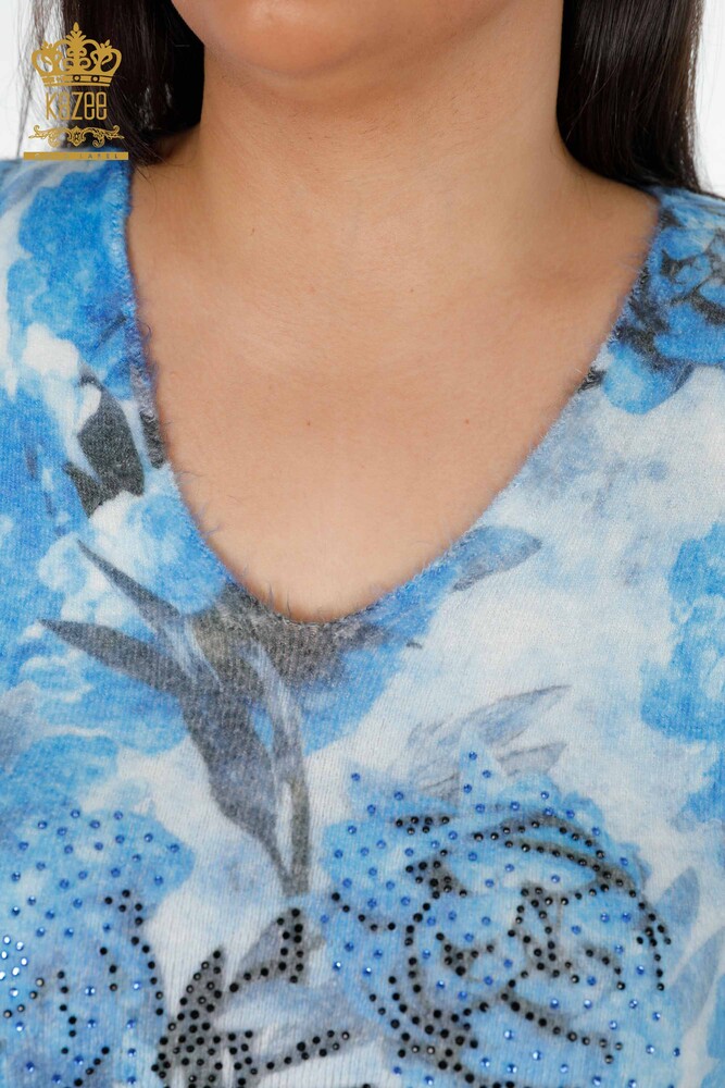 Женский свитер ангора оптом v-вырез с цифровым принтом цветы - 18429 | КAZEE - 4