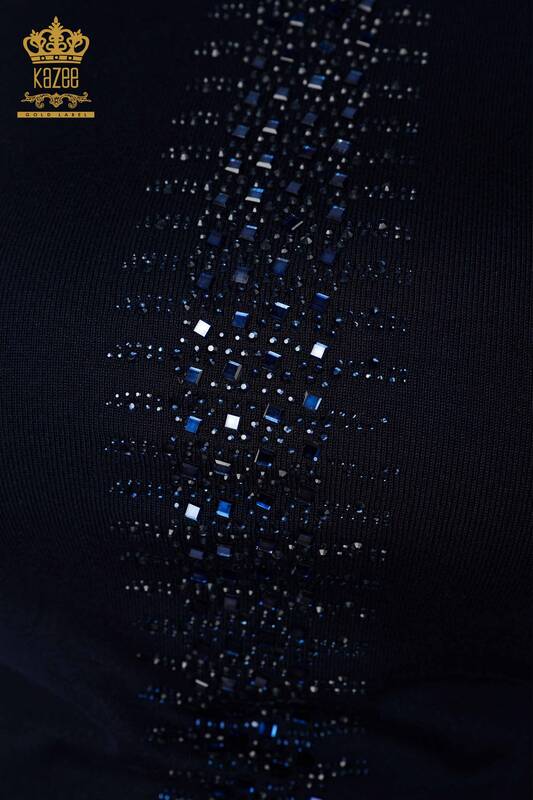 Женский свитер трикотаж оптом круглый вырезом в полоску с камнями - ТЕМНО СИНИЙ - 14788 | КАZEE