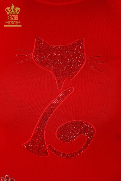 Женский свитер трикотаж оптом водолазка из камней с рисунком кошки - КРАСНЫЙ - 15279 | KAZEE - Thumbnail