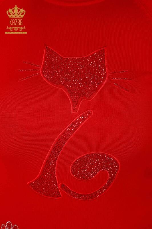 Женский свитер трикотаж оптом водолазка из камней с рисунком кошки - КРАСНЫЙ - 15279 | KAZEE