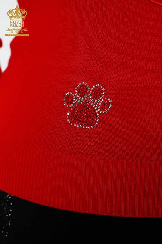 Женский свитер трикотаж оптом водолазка из камней с рисунком кошки - КРАСНЫЙ - 15279 | KAZEE