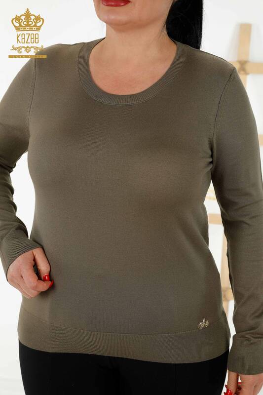 Женский трикотажный свитер оптом - Базовый - С логотипом - Хаки - 30213 | КАZEE