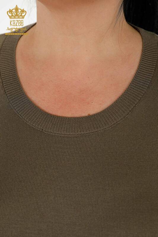 Женский трикотажный свитер оптом - Базовый - С логотипом - Хаки - 30213 | КАZEE