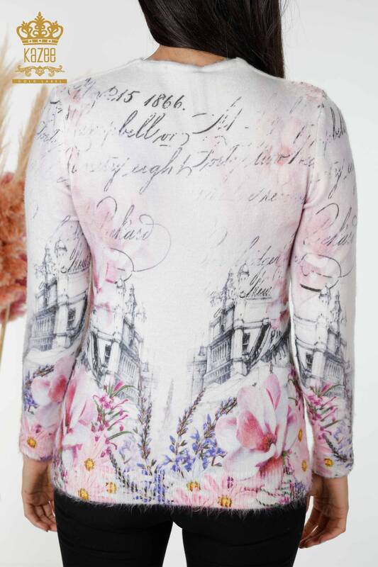 Женский трикотажный свитер оптом из ангоры с рисунком розового цвета - 18973 | КАZEE