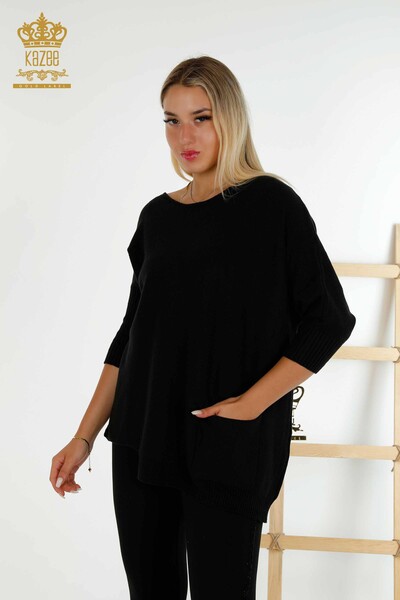 Женский трикотажный свитер оптом - Базовый - Карманный - Черный - 30237 | КАZEE - Thumbnail