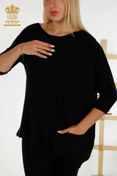 Женский трикотажный свитер оптом - Базовый - Карманный - Черный - 30237 | КАZEE - Thumbnail