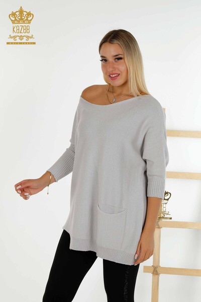 Женский трикотажный свитер оптом - Базовый - С карманом - Светло-серый - 30237 | КАZEE - Thumbnail