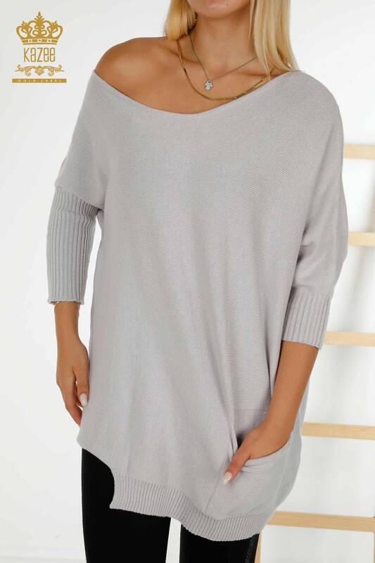 Женский трикотажный свитер оптом - Базовый - С карманом - Светло-серый - 30237 | КАZEE
