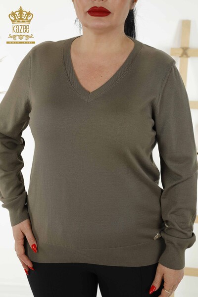 Женский трикотажный свитер оптом - Базовый - С логотипом - Хаки - 30181 | КАZEE - Thumbnail