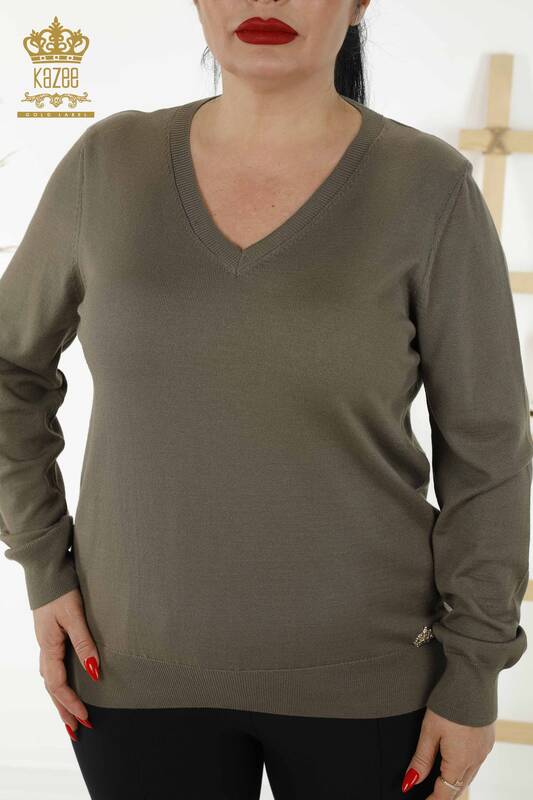 Женский трикотажный свитер оптом - Базовый - С логотипом - Хаки - 30181 | КАZEE