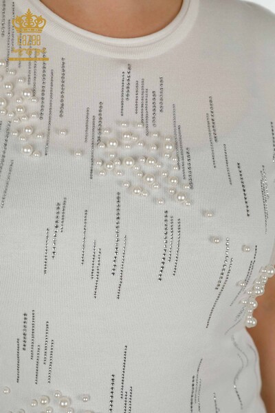 Женский трикотаж Свитер оптом Бисер - Вышитый камнем - Экрю - 30117 | КАZEE - 3