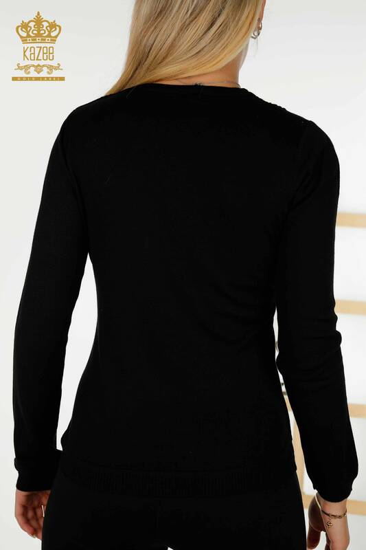 Женский вязаный свитер оптом - Вышитый камнем - Черный - 13316 | КАZEE