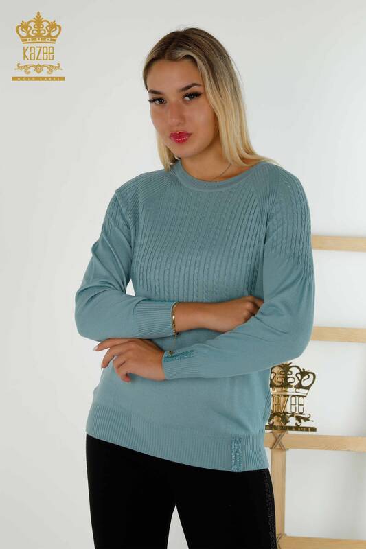 Женский трикотажный свитер оптом - Вышитый камнем - Мятный - 30104 | КАZEE