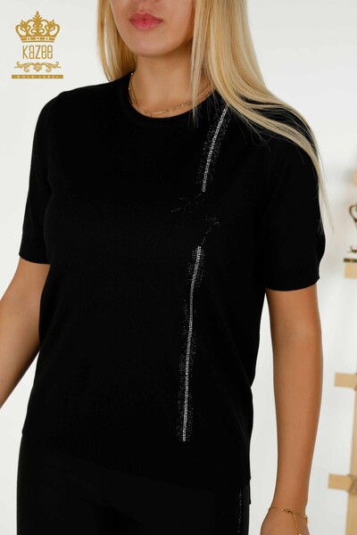 Женский вязаный свитер оптом - с каменной вышивкой - черный - 30333 | КАZEE - Thumbnail