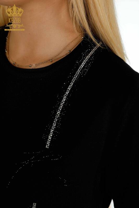 Женский вязаный свитер оптом - с каменной вышивкой - черный - 30333 | КАZEE