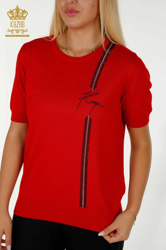Женский вязаный свитер оптом - с каменной вышивкой - красный - 30333 | КАZEE