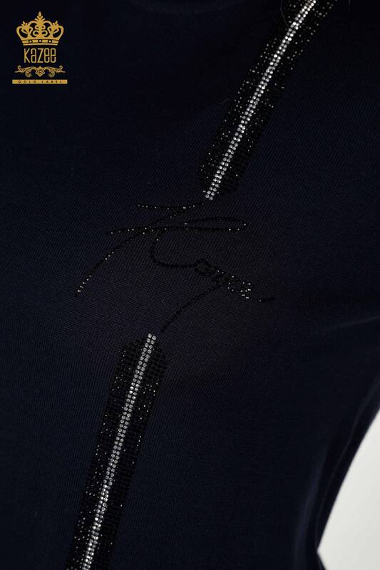 Женский вязаный свитер оптом - с каменной вышивкой - темно-синий - 30333 | КАZEE