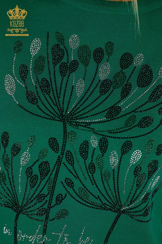 Женский вязаный свитер оптом - с каменной вышивкой - зеленый - 30156 | КАZEE