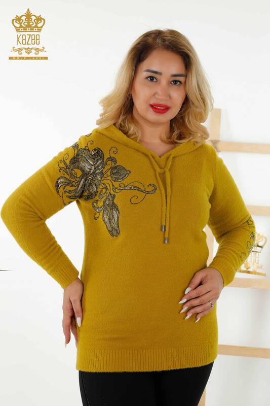 Женский свитер оптом Толстовка с капюшоном С рисунком - Шафран - 40005 | КАZEE
