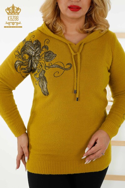 Женский свитер оптом Толстовка с капюшоном С рисунком - Шафран - 40005 | КАZEE - Thumbnail