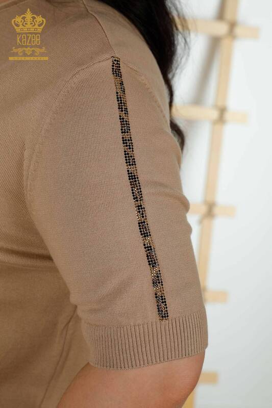Женский трикотажный свитер оптом - с коротким рукавом - бежевый - 30328 | КАZEE