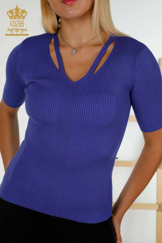 Женский вязаный свитер оптом - с коротким рукавом - фиолетовый - 30397 | КАZEE