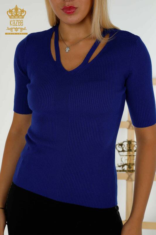 Женский трикотажный свитер оптом - с коротким рукавом - цвет электрик - 30397 | КАZEE