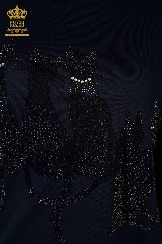 Женский трикотаж Свитер оптом Кошка с узором темно-синий - 16969 | КАZEE