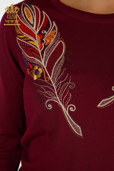 Женский вязаный свитер оптом - Разноцветная вышивка - Фиолетовый - 30147 | КАZEE - Thumbnail